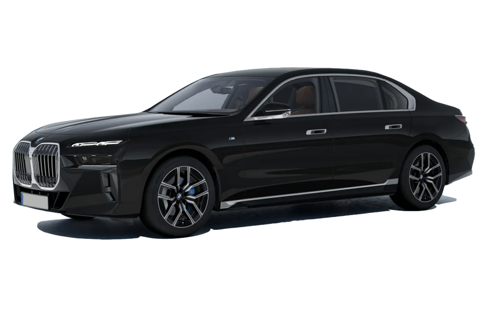 front three-quarter view of a Black Sapphire Metallic BMW 7 Series