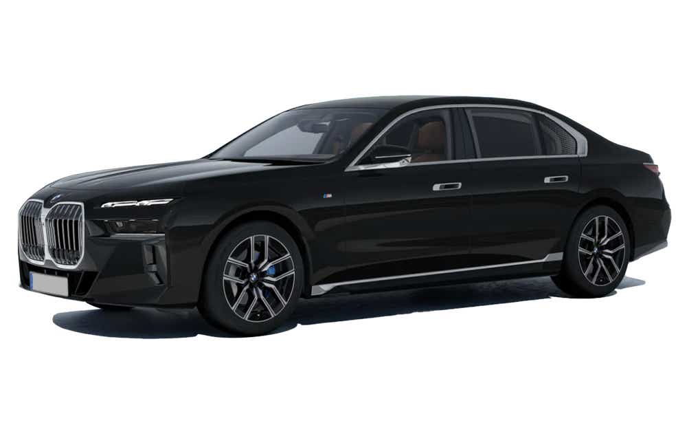 front three-quarter view of a Black Sapphire Metallic BMW 7 Series