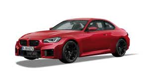 front three-quarter view of a Dragon Fire Red Metallic BMW M2