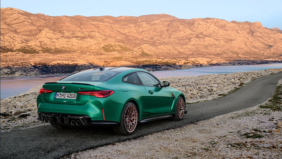 rear three-quarter view of a BMW M4 Competition