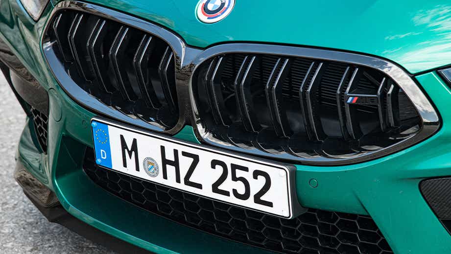 Front grille close-up of a Black Sapphire BMW M8 Coupe Competition