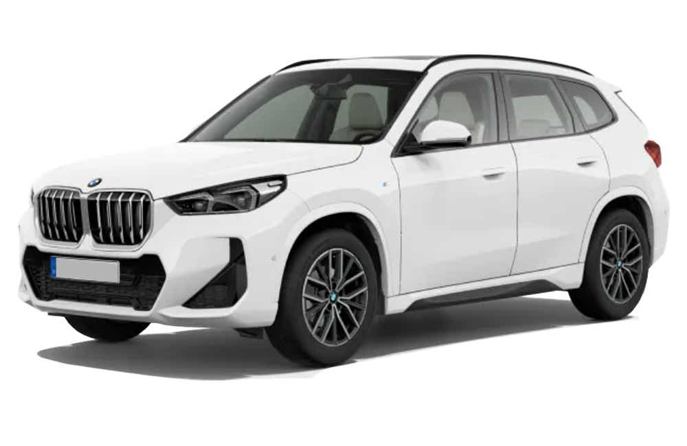 front three-quarter view of a Alpine White BMW X1