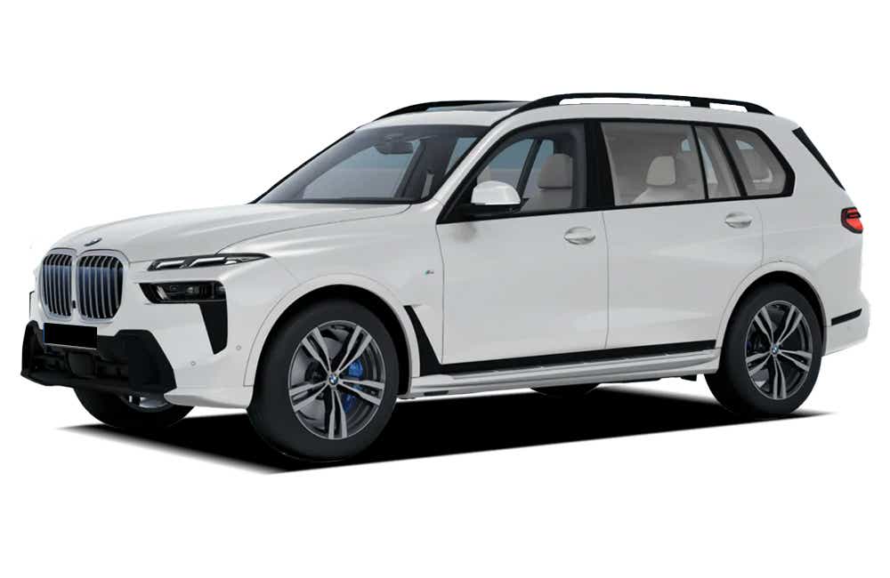 front three-quarter view of a Mineral White BMW X7