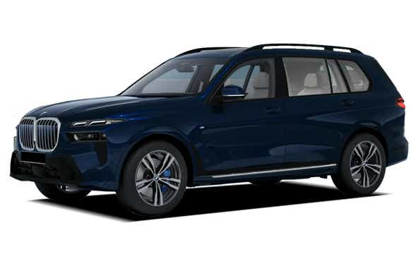 front three-quarter view of a tanzanite Blue Metallic BMW X7