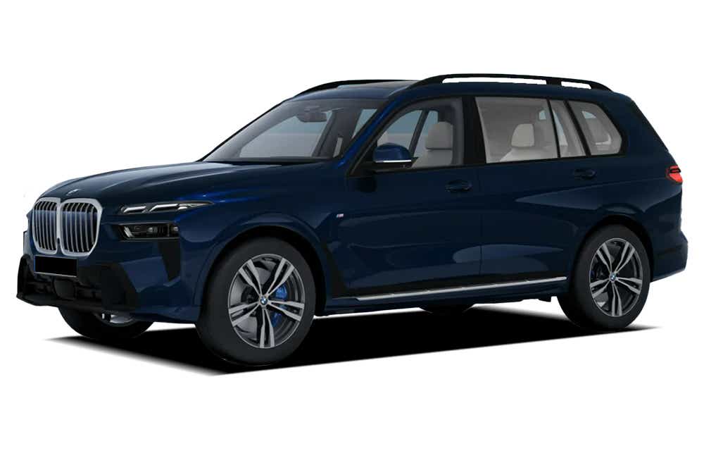 front three-quarter view of a tanzanite Blue Metallic BMW X7