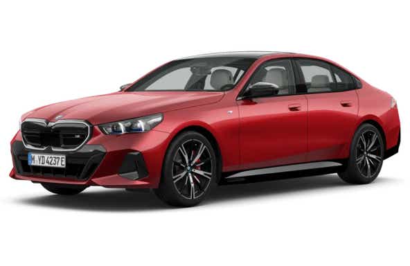 front three-quarter view of a Fire Red Metallic BMW i5