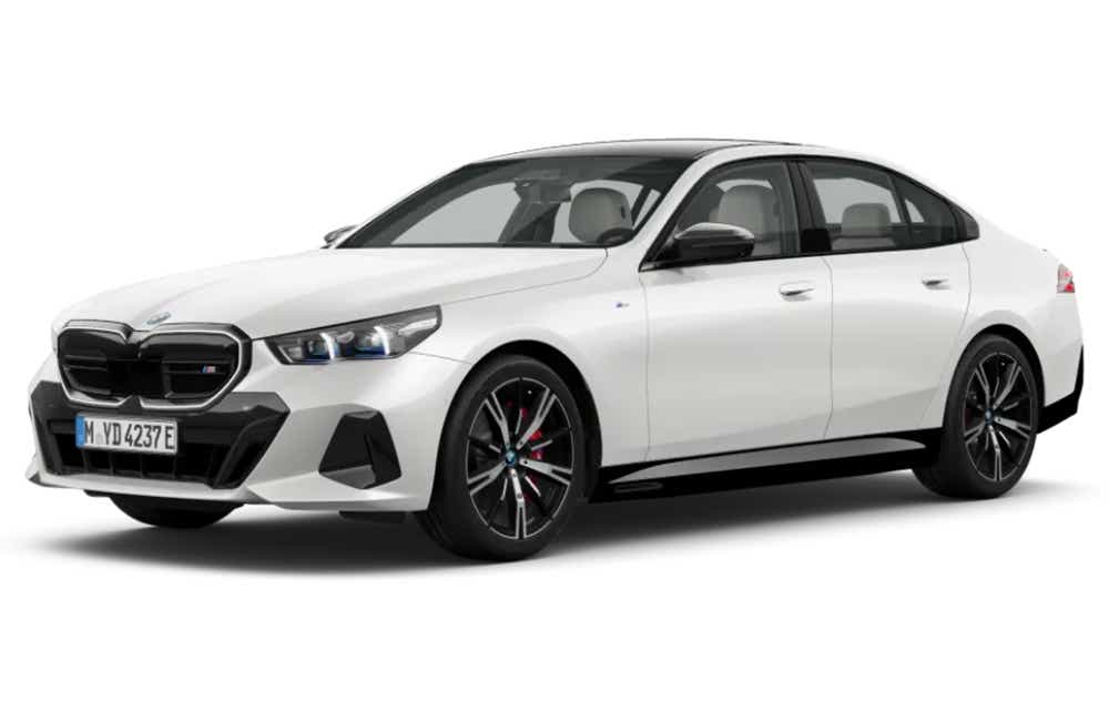 front three-quarter view of a Mineral White Metallic BMW i5