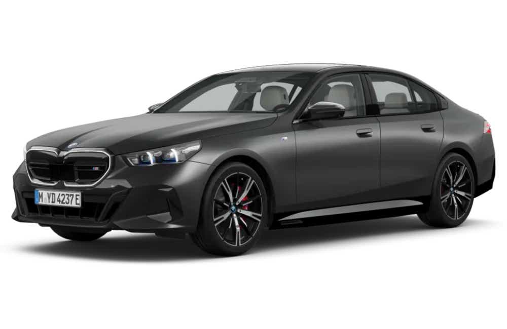 front three-quarter view of a Deep Grey Metallic BMW i5