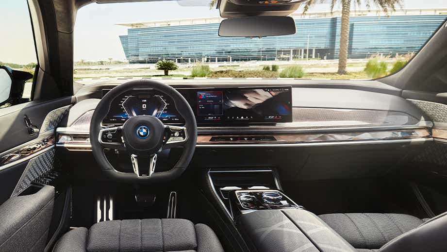 dashboard and steering wheel view of a BMW i7