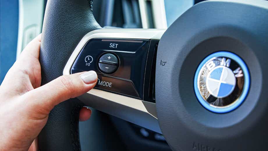 steering wheel close-up of a BMW iX
