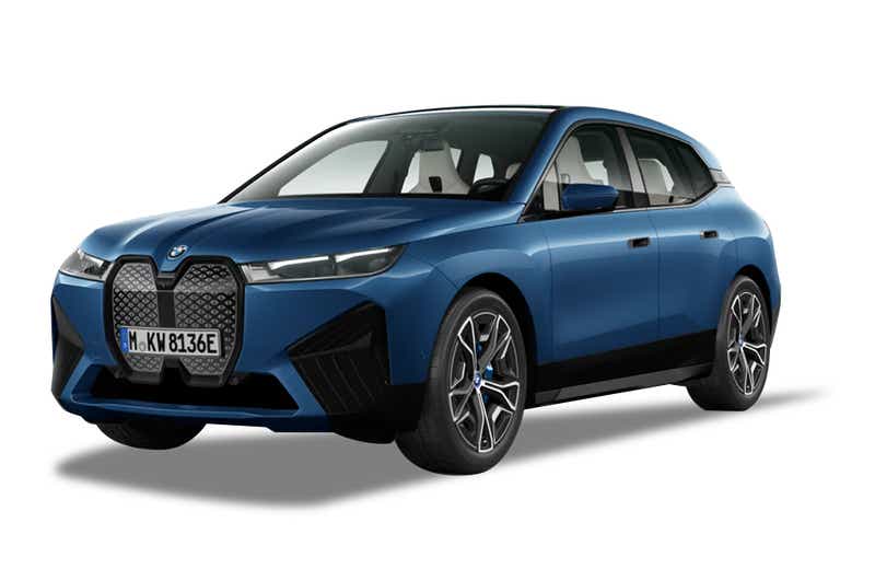 front three-quarter view of a Phytonic Blue Metallic BMW iX