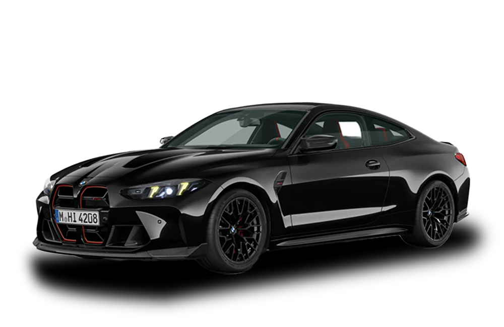 front three-quarter view of a Black Sapphire BMW M4 CS
