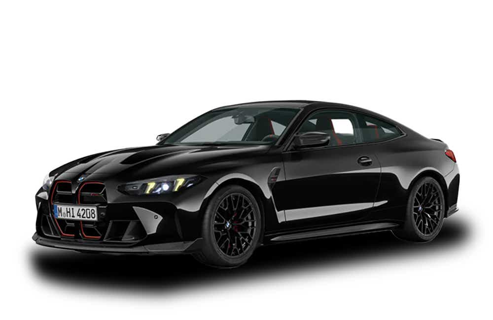 front three-quarter view of a Black Sapphire BMW M4 CS