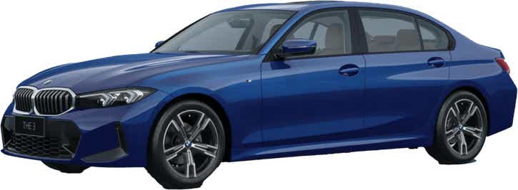 front three-quarter view of a Portimao Blue BMW 3 Series Gran Limousine