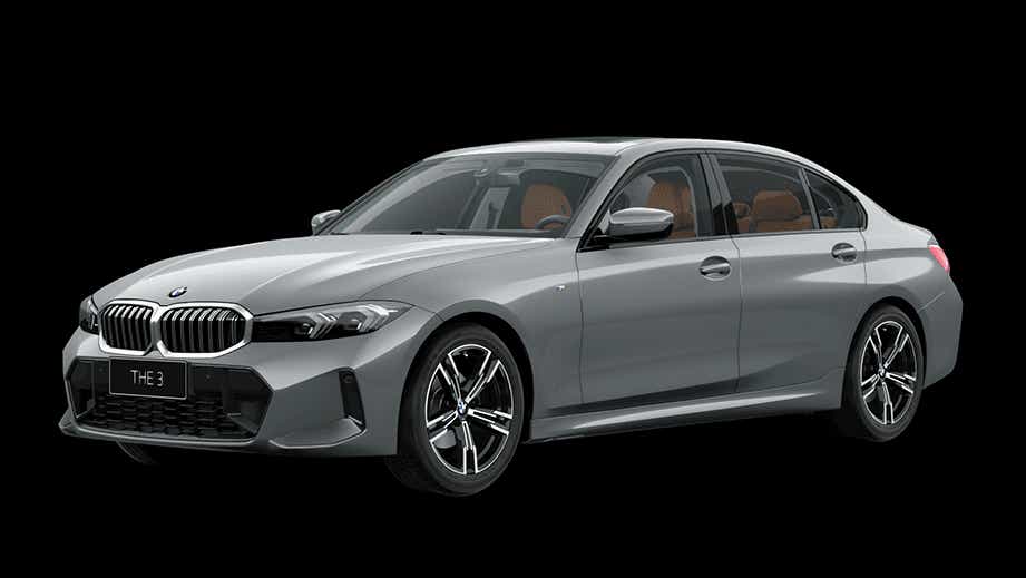 front three-quarter view of a Skyscraper Metallic BMW 3 Series Gran Limousine