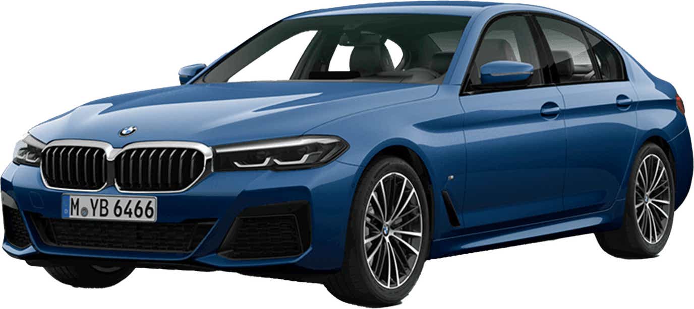 front three-quarter view of a Phytonic Blue BMW 5 Series 2021-2023