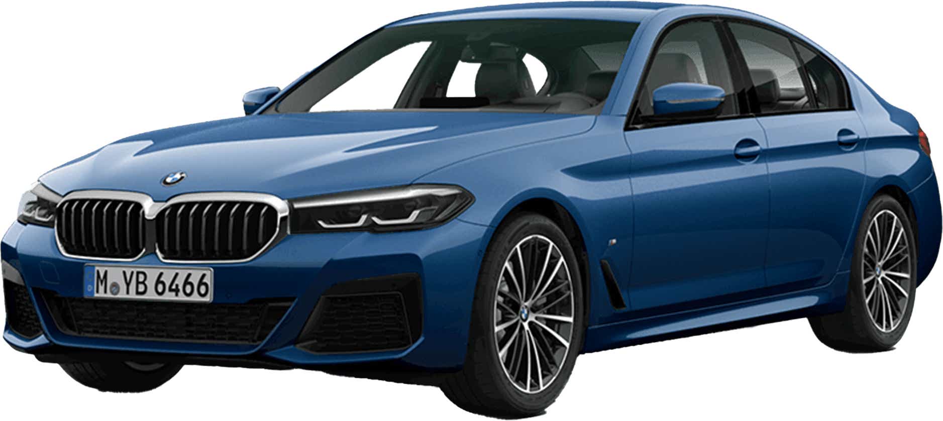 front three-quarter view of a Phytonic Blue BMW 5 Series 2021-2023