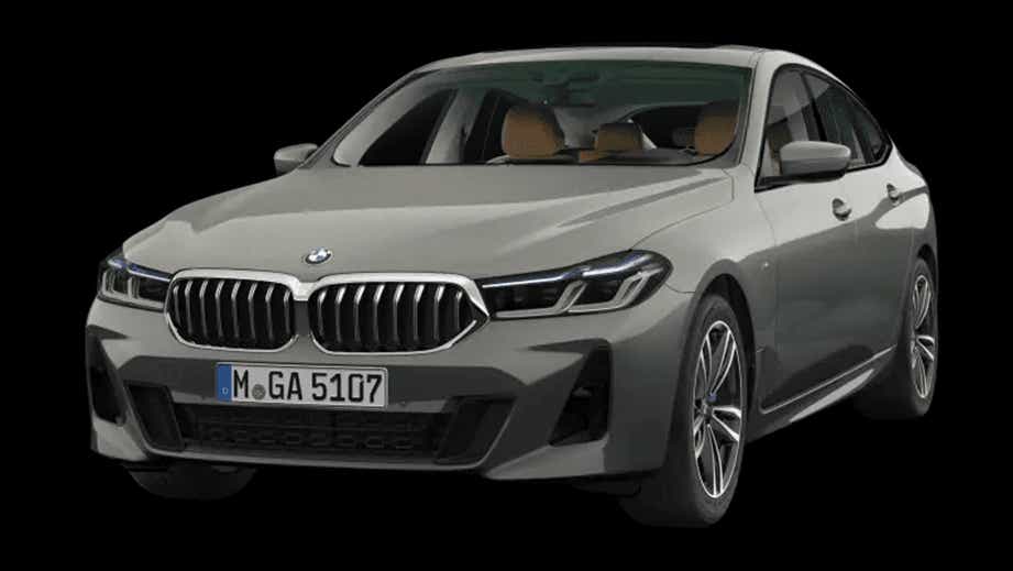 front three-quarter view of a Mineral White BMW 6 Series