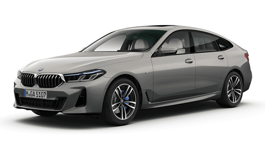 front three-quarter view of a Mineral White BMW 6 Series