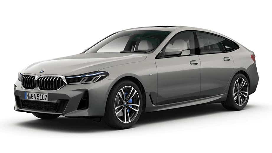 front three-quarter view of a Mineral White BMW 6 Series