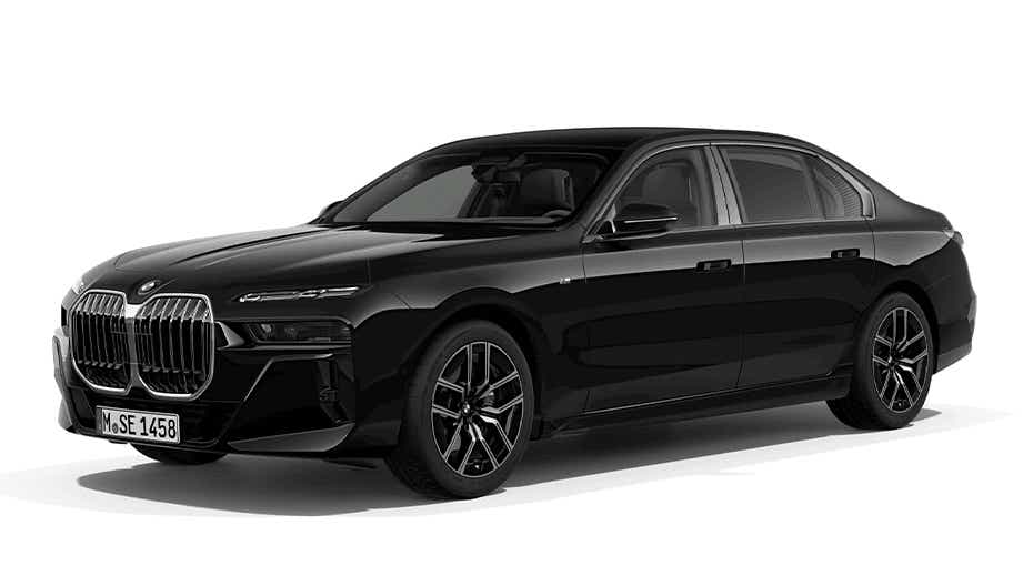 front three-quarter view of a Black Sapphire Metallic BMW 7 Series