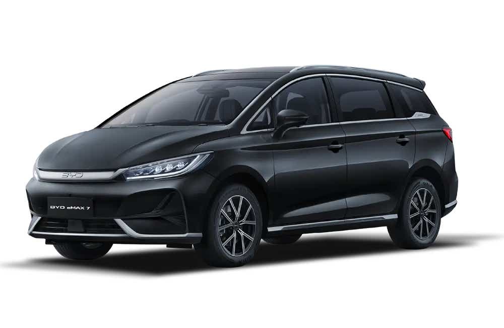 Front three-quarter view of a Cosmos Black BYD eMAX 7