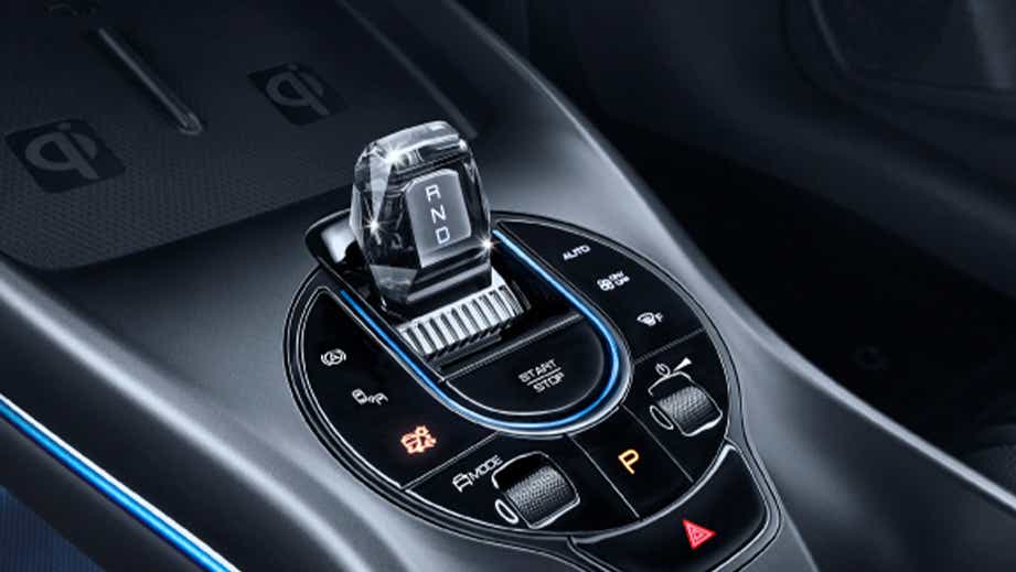 Center console and shifter detail of a BYD Seal