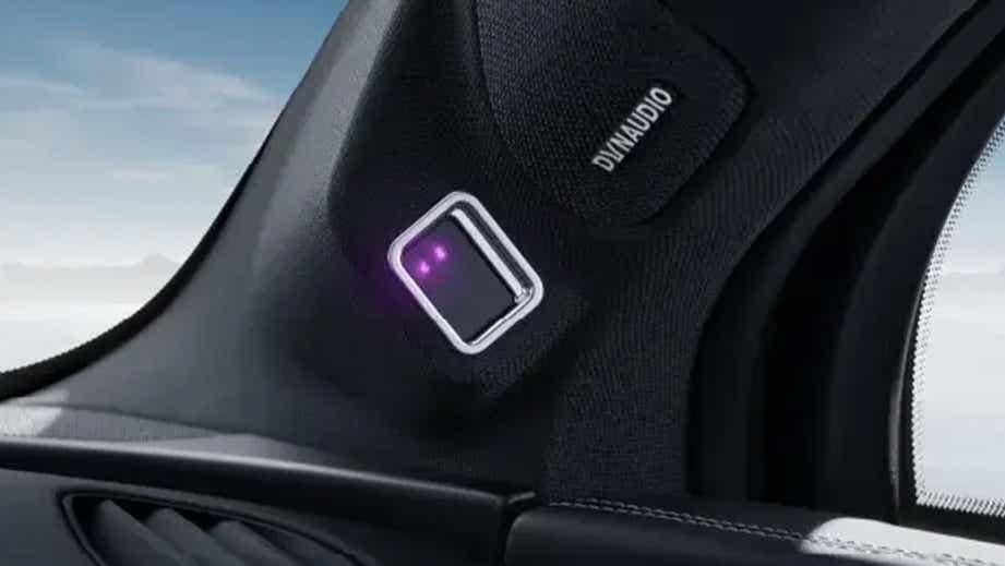 Close-up of the interior pillar sensor and DYNAUDIO speaker in a BYD Sealion 7