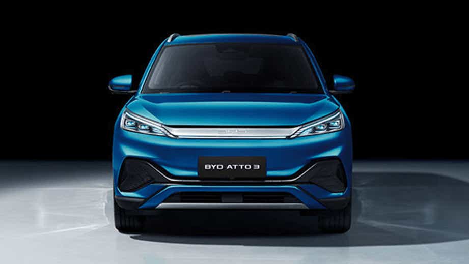front view of a Surf Blue BYD Atto 3