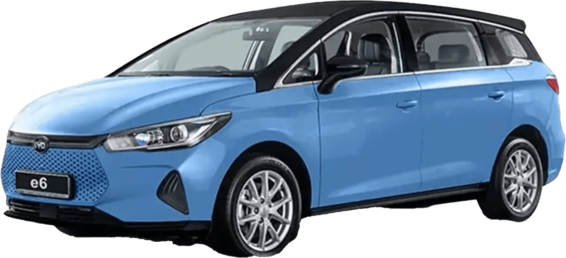 front three-quarter view of a Blue BYD E6