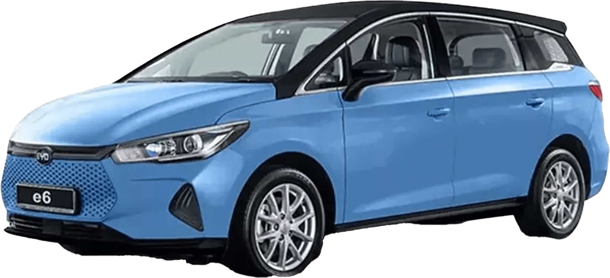 front three-quarter view of a Blue BYD E6