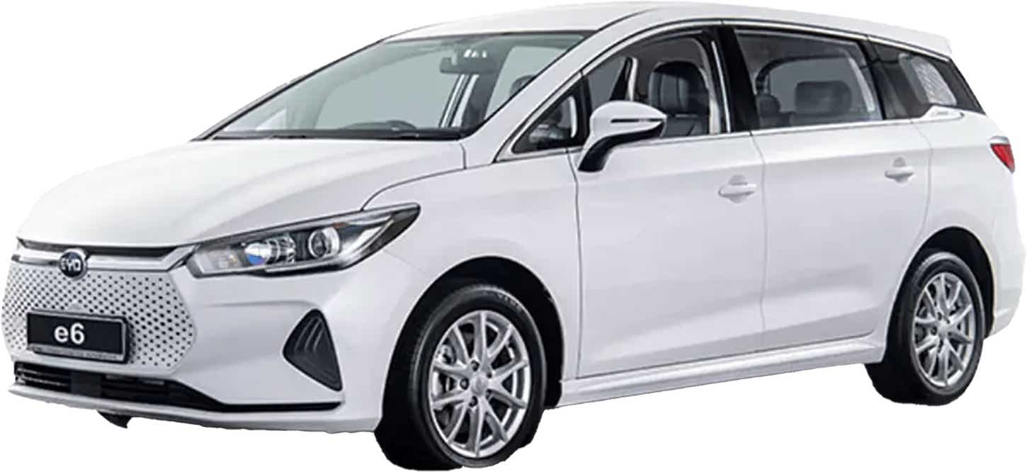 front three-quarter view of a Crystal White BYD E6