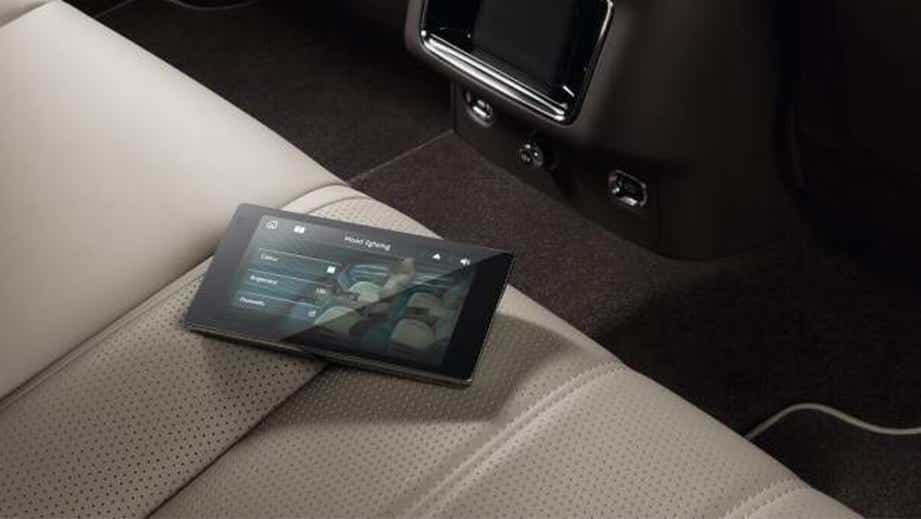 Rear seat control tablet on seat of a Bentley Bentayga
