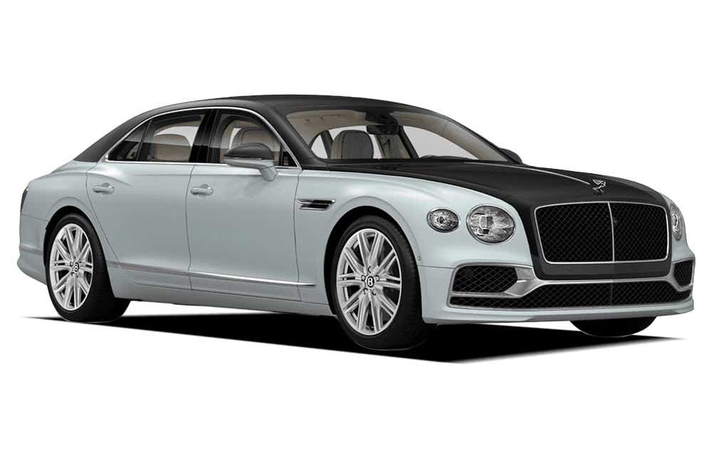 front three-quarter view of a Black Crystal Over Ice Bentley Flying Spur