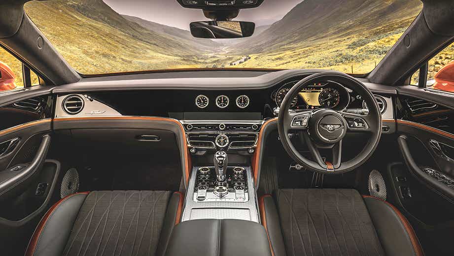 interior cockpit view of a Bentley Flying Spur