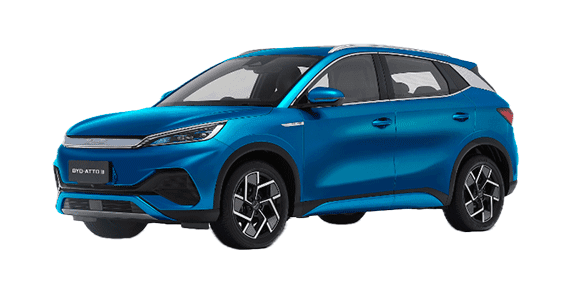 Front three-quarter view of a Surf Blue BYD Atto 3