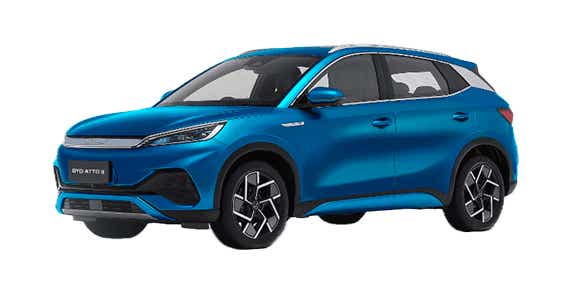 Front three-quarter view of a Surf Blue BYD Atto 3