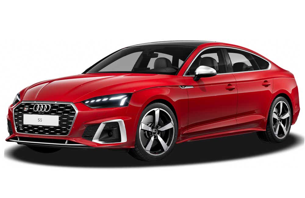 front three-quarter view of a Tango Red Metallic Audi S5 Sportback