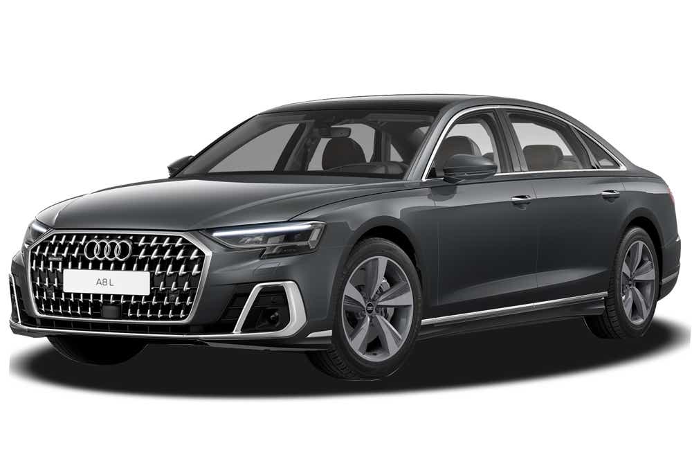 front three-quarter view of a Vesuvius Gray Metallic Audi A8 L