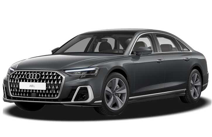 front three-quarter view of a Vesuvius Gray Metallic Audi A8 L