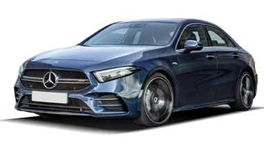 front three-quarter view of a Denim Blue Mercedes-Benz AMG A 35