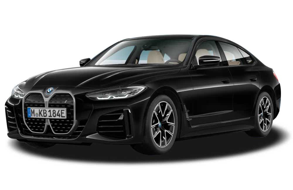 front three-quarter view of a Black Sapphire BMW i4