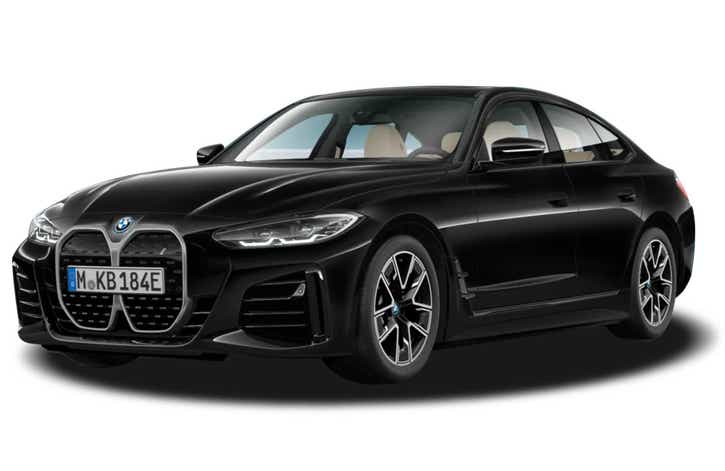 front three-quarter view of a Black Sapphire BMW i4