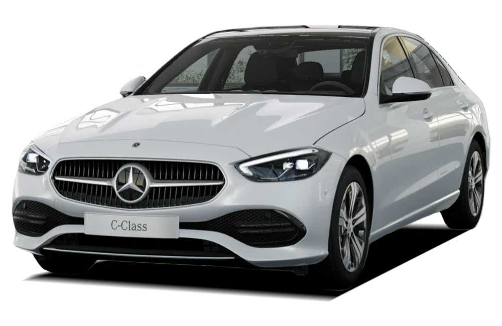 front three-quarter view of a Opalith White Mercedes-Benz C-Class