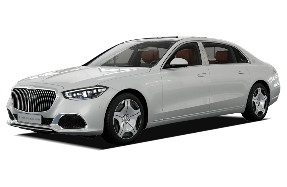 front three-quarter view of a Diamond White Mercedes-Benz Maybach S-Class