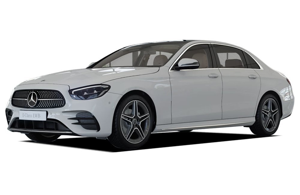 front three-quarter view of a Polar White Mercedes-Benz E-Class 2021-2023