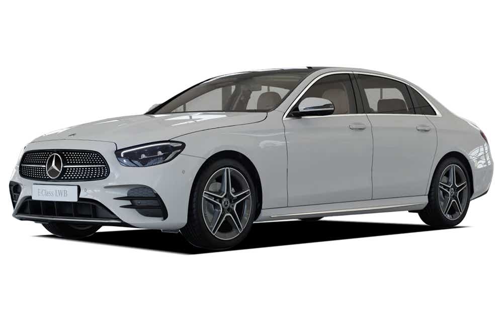 front three-quarter view of a Polar White Mercedes-Benz E-Class 2021-2023