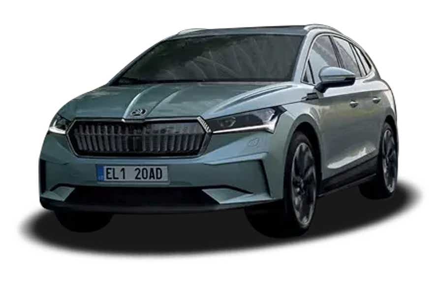 front three-quarter view of a Arctic Green Skoda Enyaq