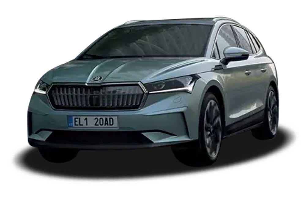 front three-quarter view of a Arctic Green Skoda Enyaq