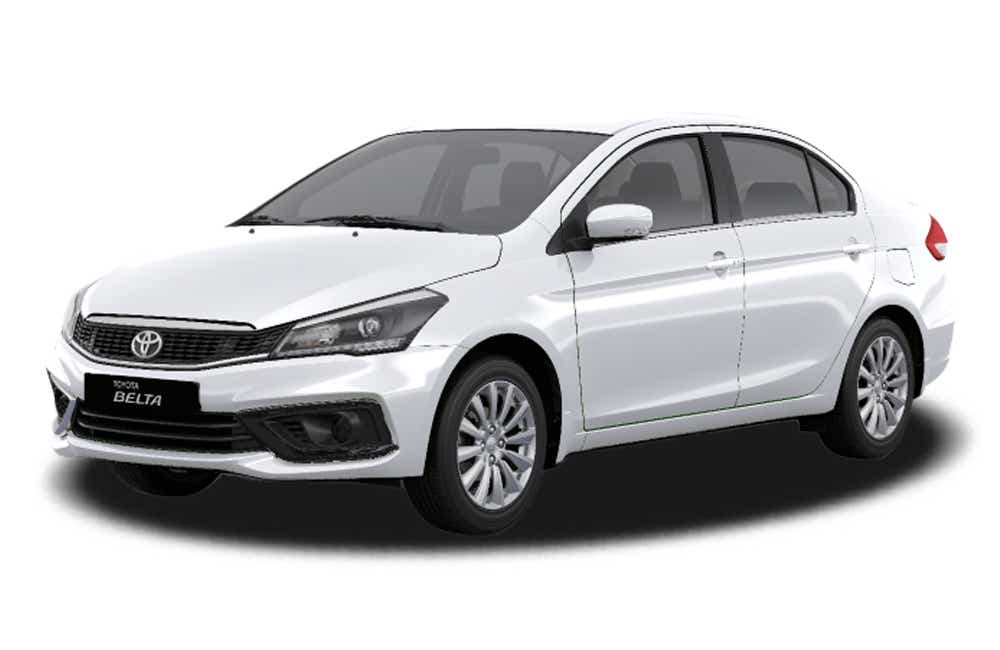 front three-quarter of a Polar White Toyota Belta